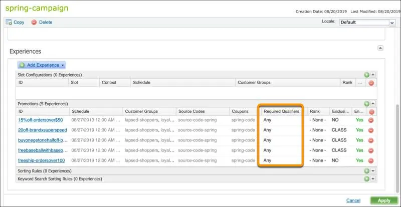 Business Manager のキャンペーンでのプロモーション体験の [どれか 1 つ] または [すべて] の選択。