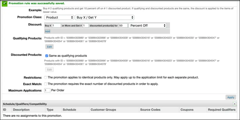 In Business Manager, create the byonegetonehalfoff-brand-y product promotion.
