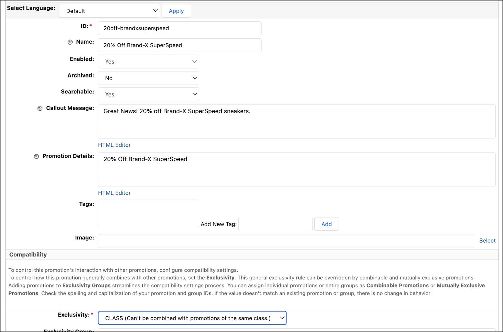 The Business Manager Create Promotion page for the 20off-brandxsuperspeed promotion.