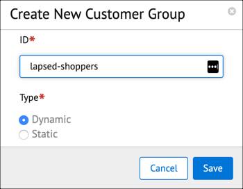 The Business Manager Create New Customer Group window with a         dynamic customer group.