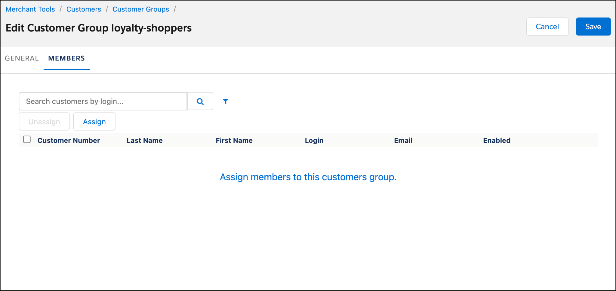 The Business Manager Customer Group Members tab.