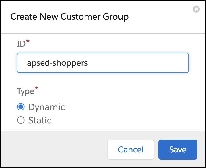 The Business Manager Create New Customer Group window with a dynamic customer group.