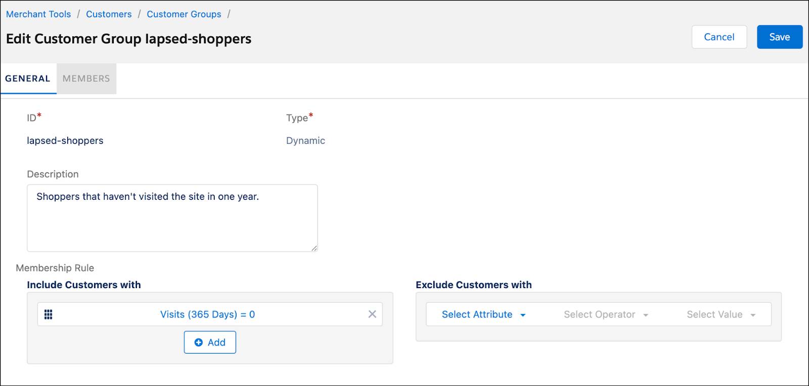 The Business Manager Customer Group details page where you can create membership rules.