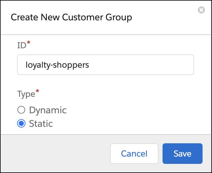 In Business Manager, the Create Customer Group window with a static customer group.