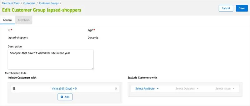 The Business Manager Customer Group details page where you can create membership rules.