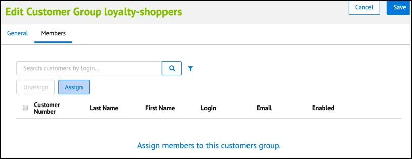 The Business Manager Customer Group Members tab.