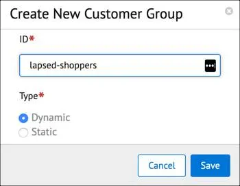 The Business Manager Create New Customer Group window with a dynamic customer group.