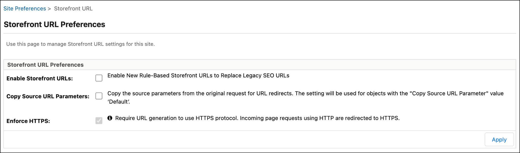 Disable the Storefront URLs option in Business Manager.