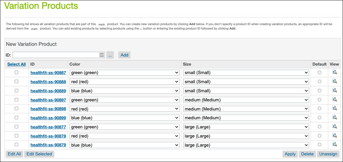 Create variation products in Business Manager.