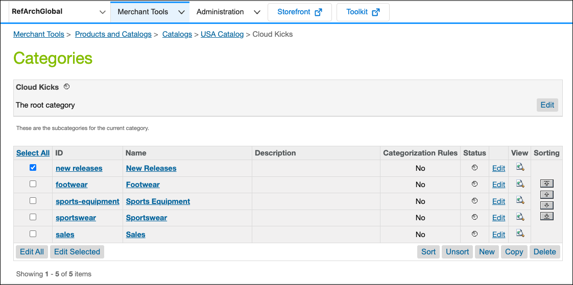 Business Manager でストアフロントに表示されるカテゴリを並べ替え。