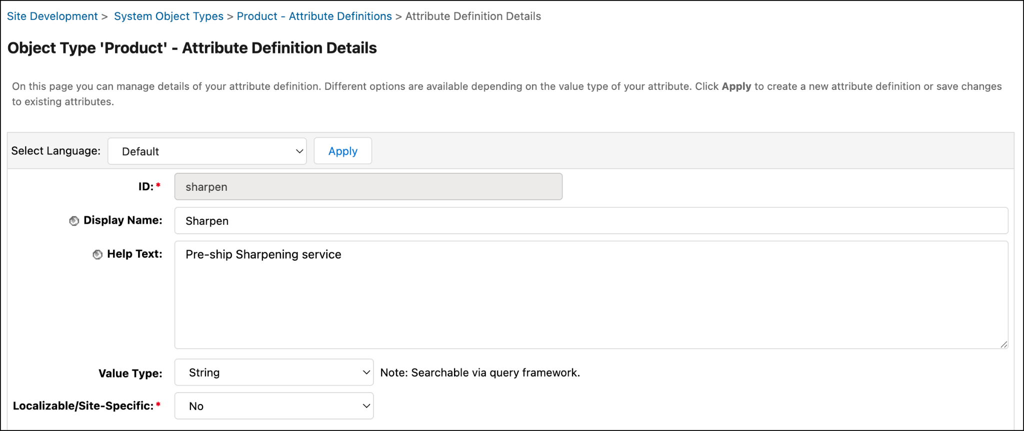 Create the sharpen attribute definition in the Product system object.