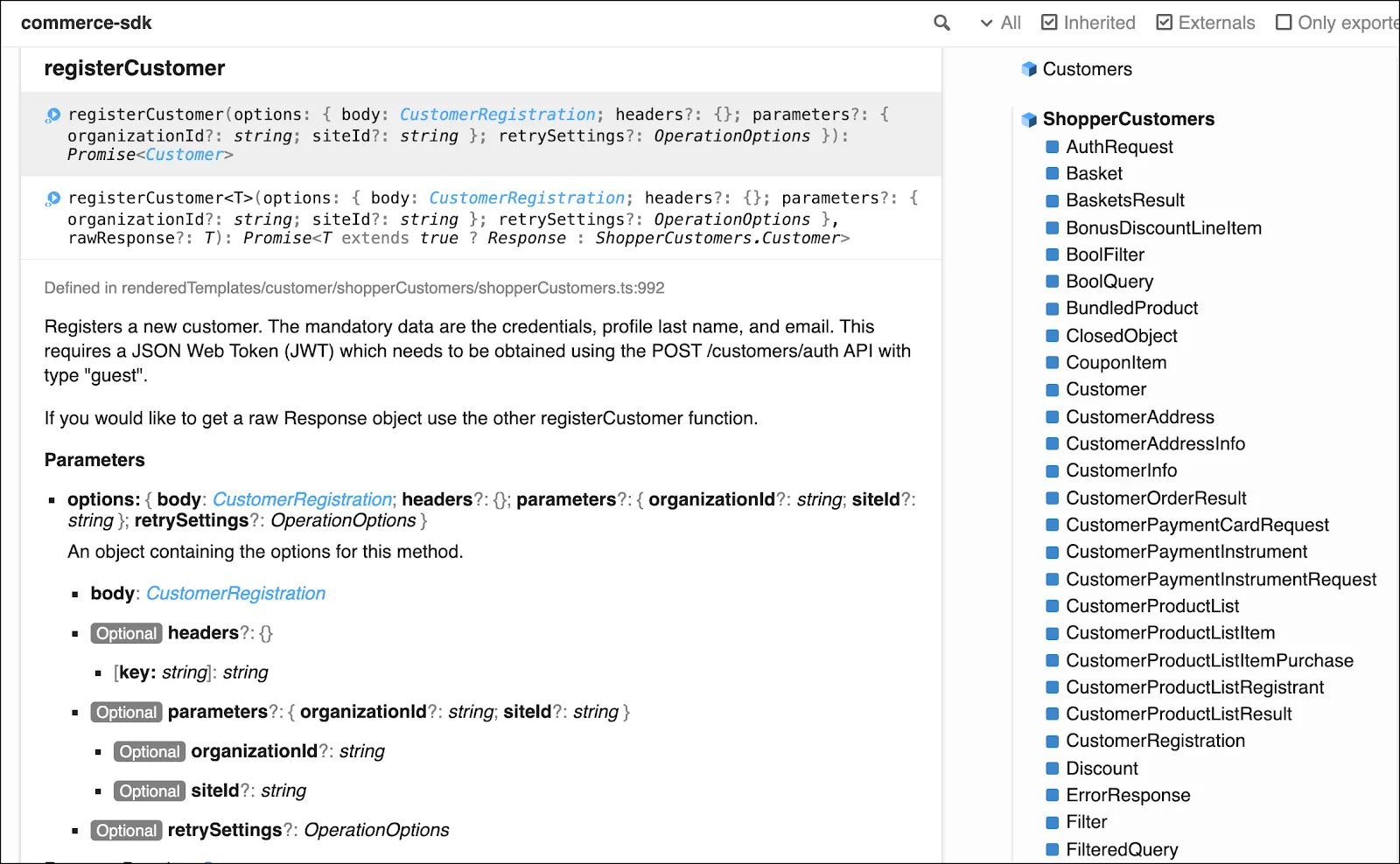 The registerCustomer method documentation page