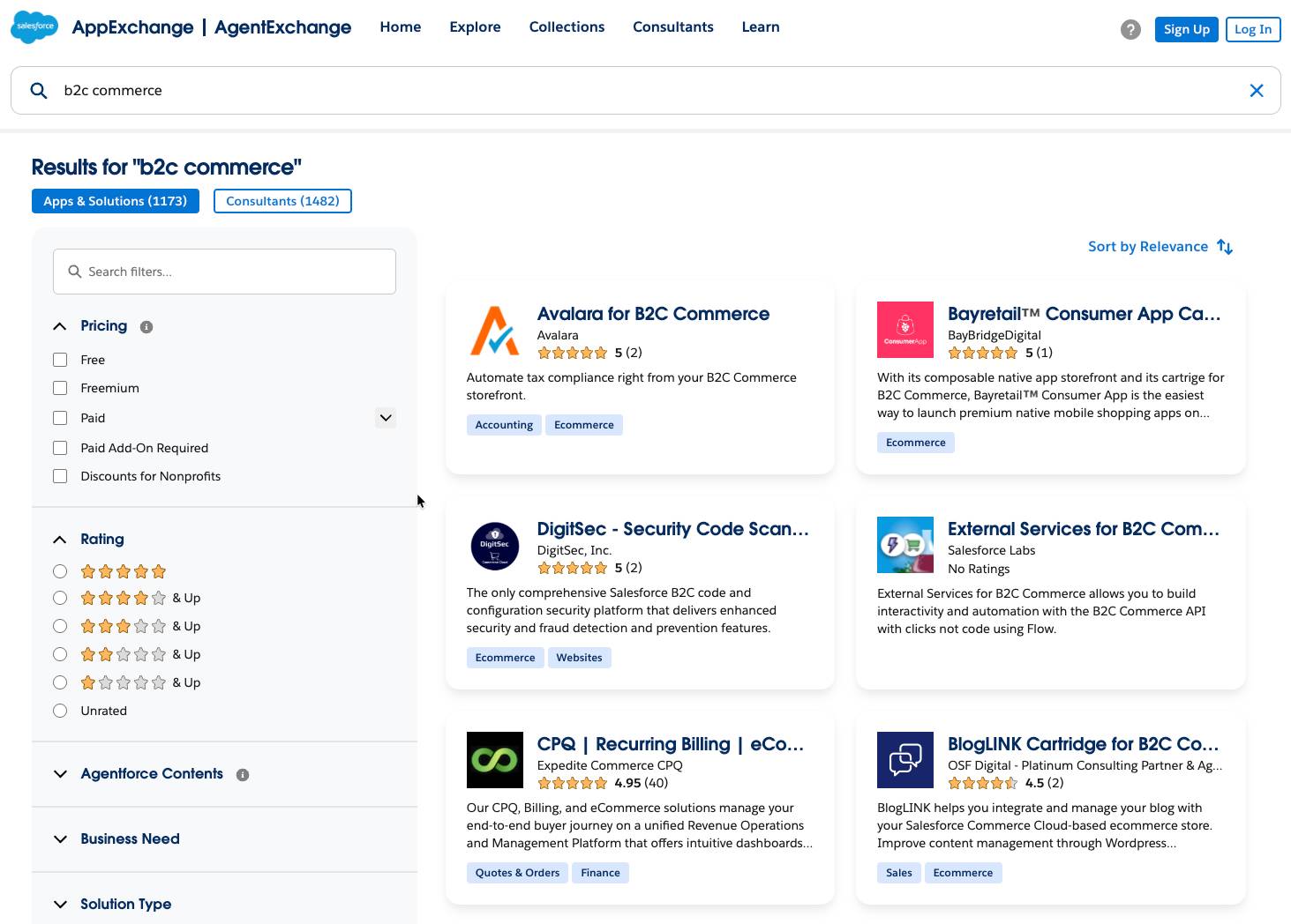 AppExchange search filtered to b2c commerce solutions