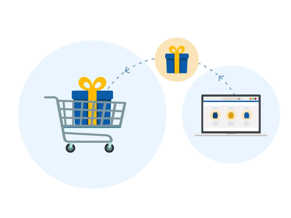 A laptop showing an e-commerce website, a wrapped present with a bow, and full shopping cart. The images are connected by dotted lines.