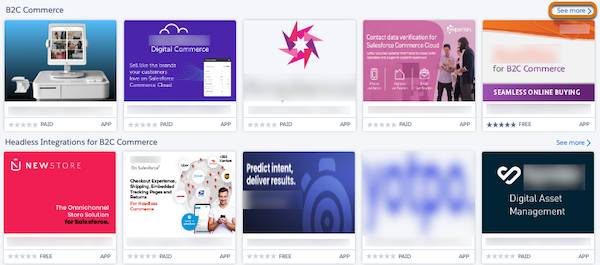 The Commerce Cloud product collection B2C Commerce and Headless Integrations for B2C Commerce sections with a highlight on See More in the upper right corner