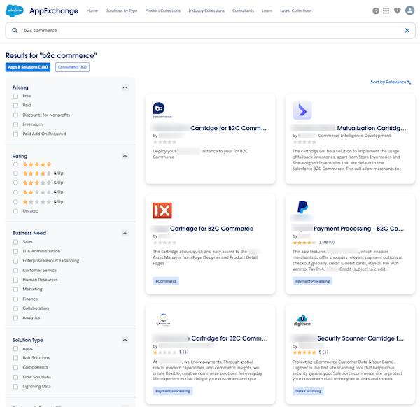 AppExchange search filtered to b2c commerce solutions