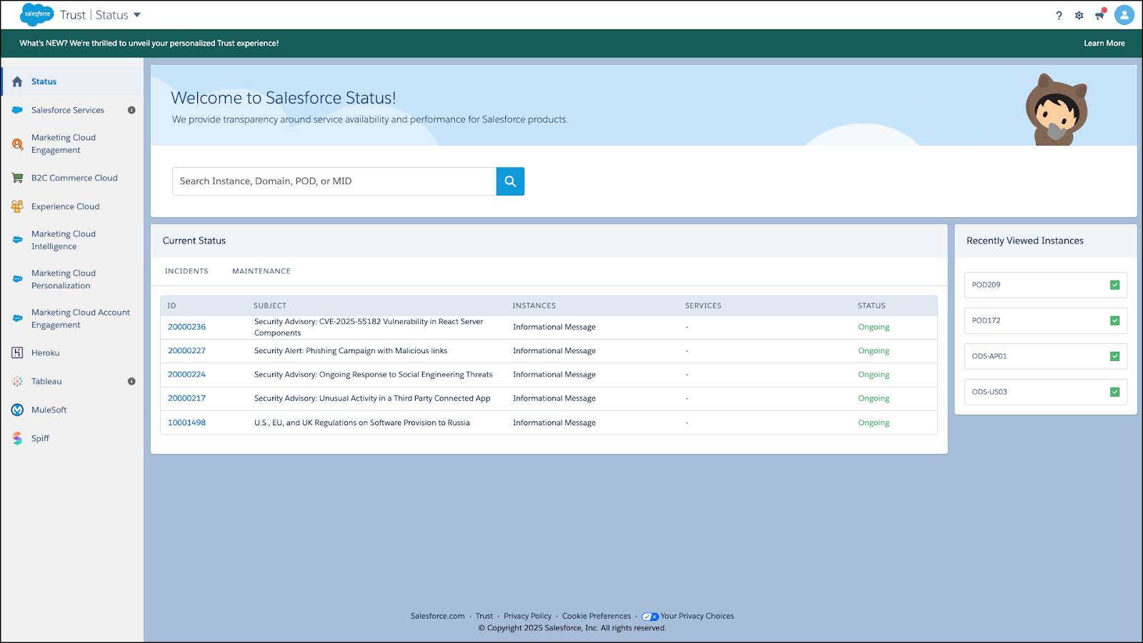 B2C Commerce link is selected in the side menu of the Trust Status page.