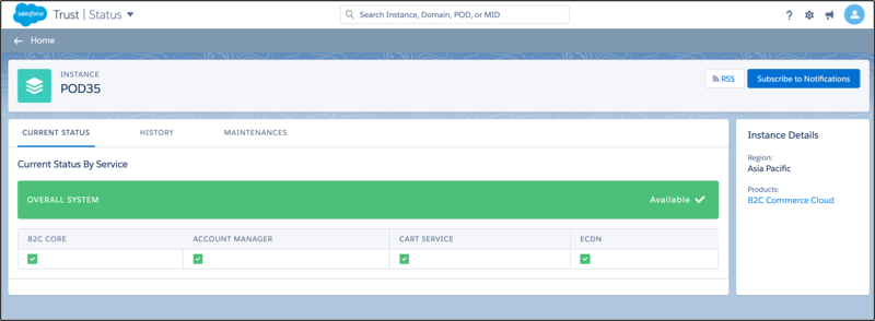 B2C Commerce POD Current Status page