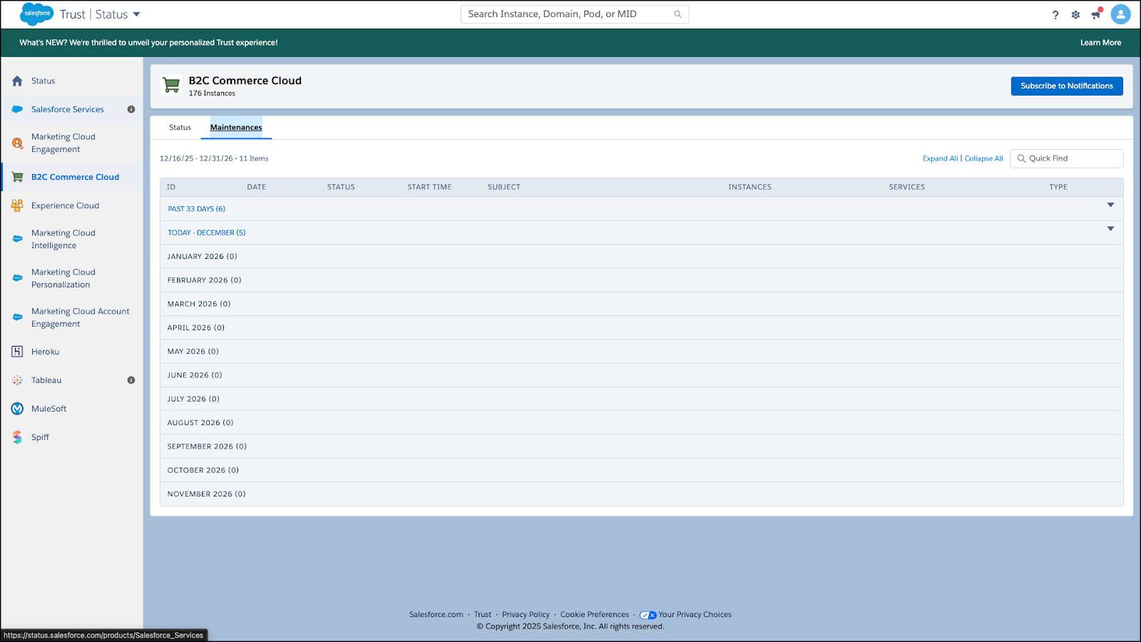 The Maintenance tab displays a filtered list of all B2C Commerce maintenance events.