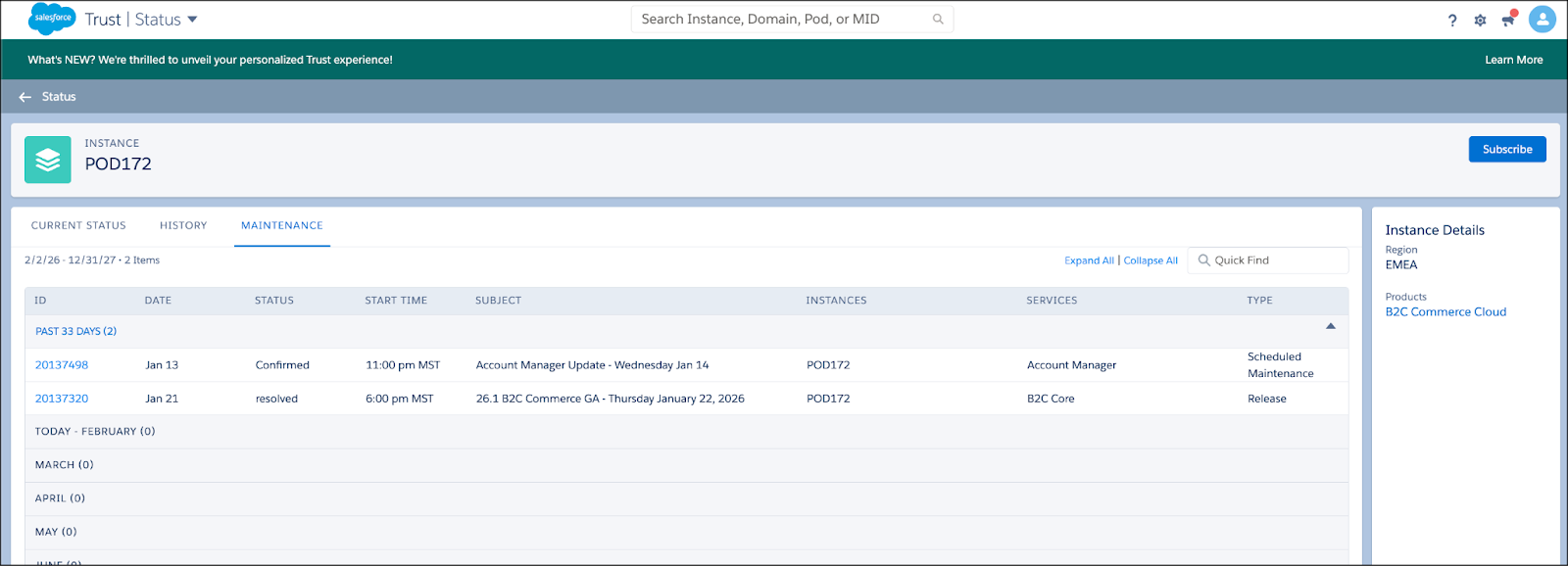 B2C Commerce POD Maintenances page; POD is upgraded to Secondary Instance Groups (SIG) and maintenance is scheduled.