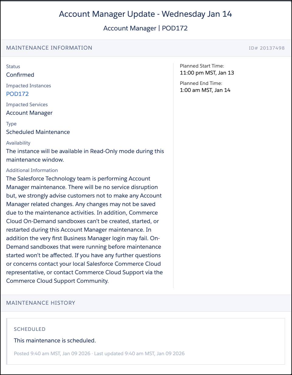 B2C Commerce POD Maintenance Information page indicates maintenance is scheduled for January 13 and will impact storefronts.