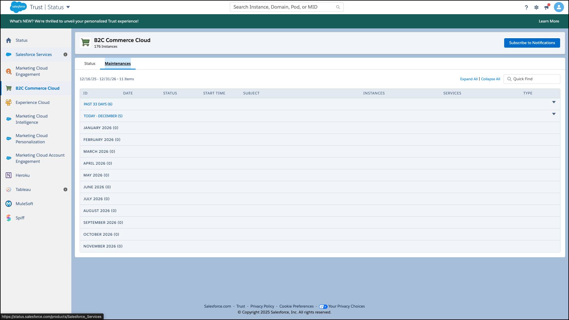 The Maintenance tab displays a filtered list of all B2C Commerce maintenance events.