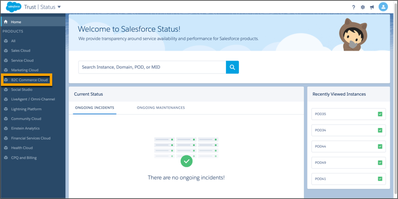 B2C Commerce link highlighted in the left pane of the Trust Status page