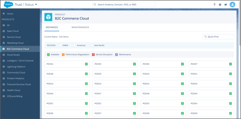 B2C Commerce Trust Product Status page