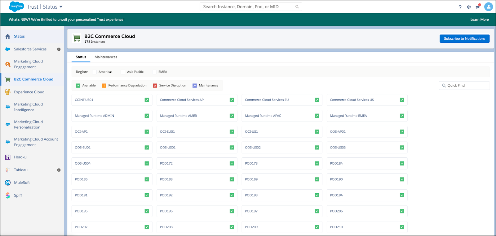 B2C Commerce PODs listing with current POD status.