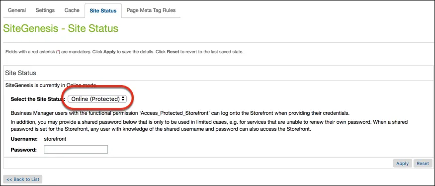 Business Manager Site Status page showing storefront password protection