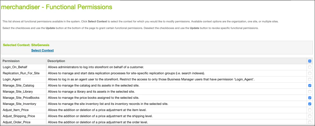 Business Manager の [Functional Permissions (機能の許可)] ページ