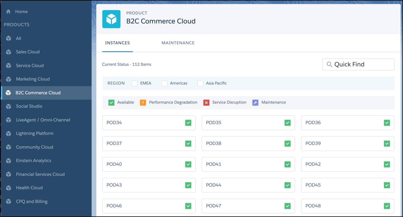 Salesforce Trust Site showing B2C Commerce PODs.
