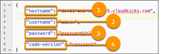 Contents of the dw.json file, with hostname, username, password, and code-version called out.