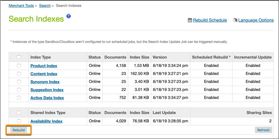 Search Indexes page, with all available indexes selected, and the Rebuild button called out.