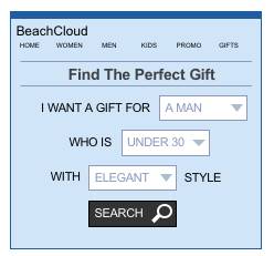 A gift finder screen with dropdown menus to help the shopper customize their search.