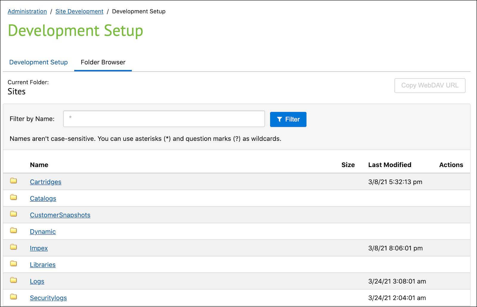 In Business Manager, access the WebDAV files.