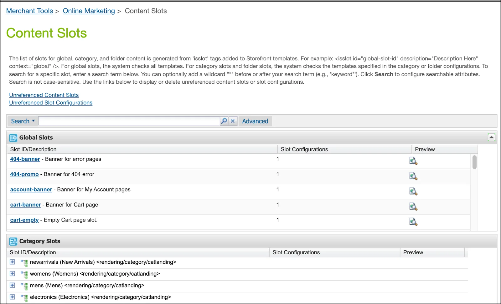 In the Business Manager Content Slots module, click the Referenced Content Slots or Slot Configurations to reduce obsolete data.