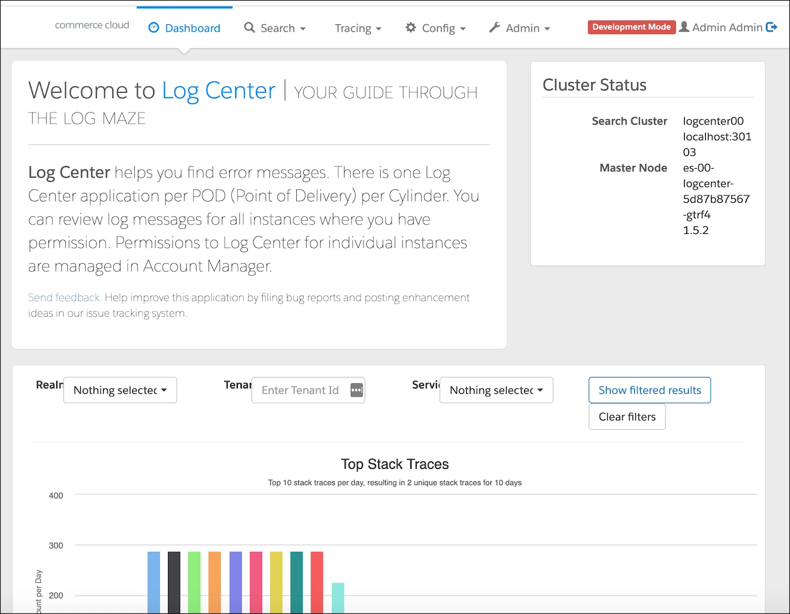 The Log Center main page.