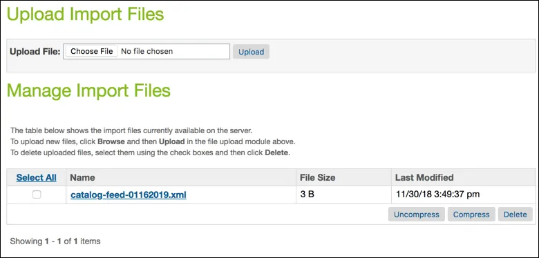 in Business Manager, select the file to be imported and compress       the file.