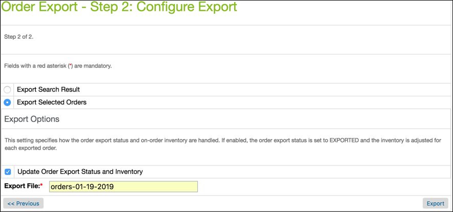 In Business Manager, enter the order       export file name and click Export.