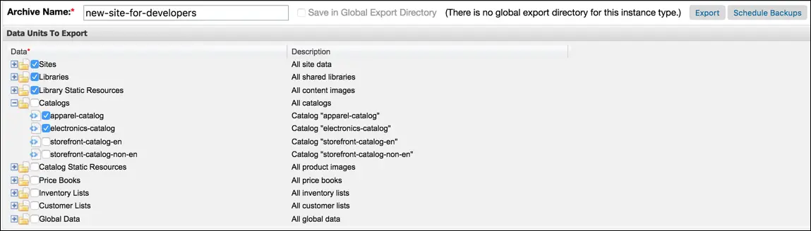 Business Manager Site Import & Export page, select data       section