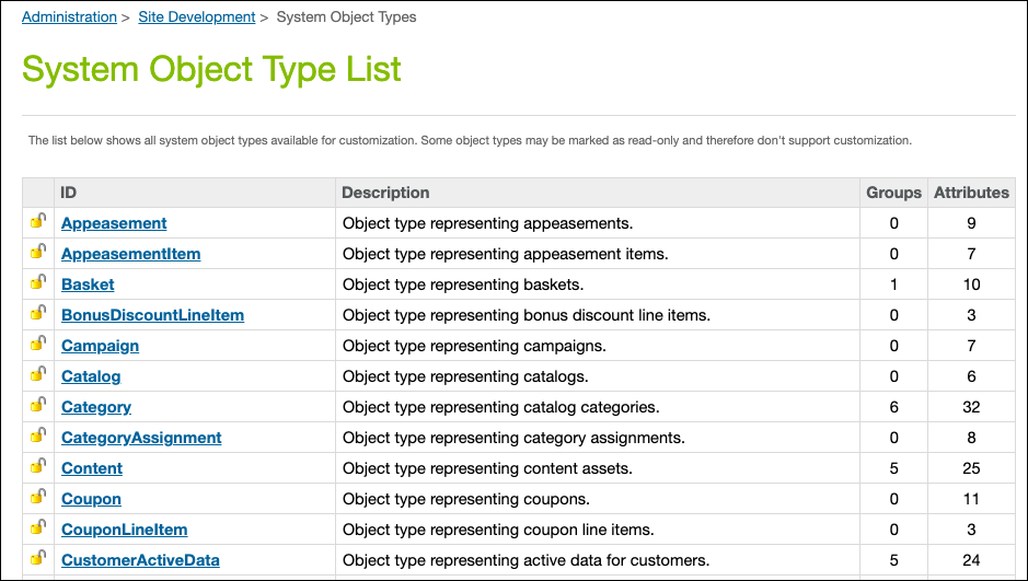 The system object type list in Business Manager.