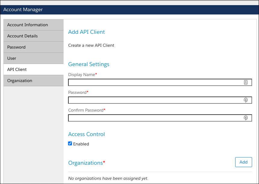 Add an API client in Account Manager.