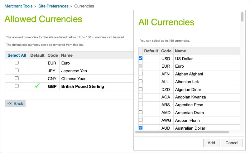 Business Manager で使用する新しい通貨の選択。