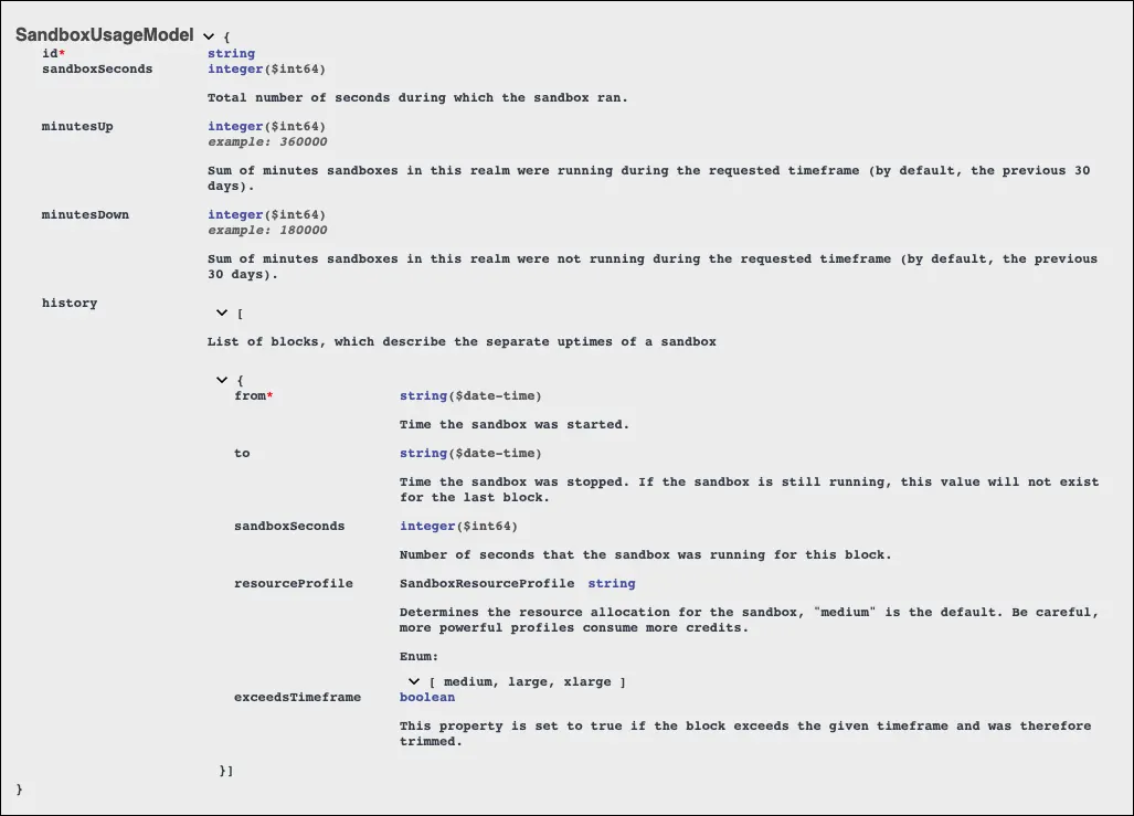 The     SandboxUsageModel in the REST APIs.