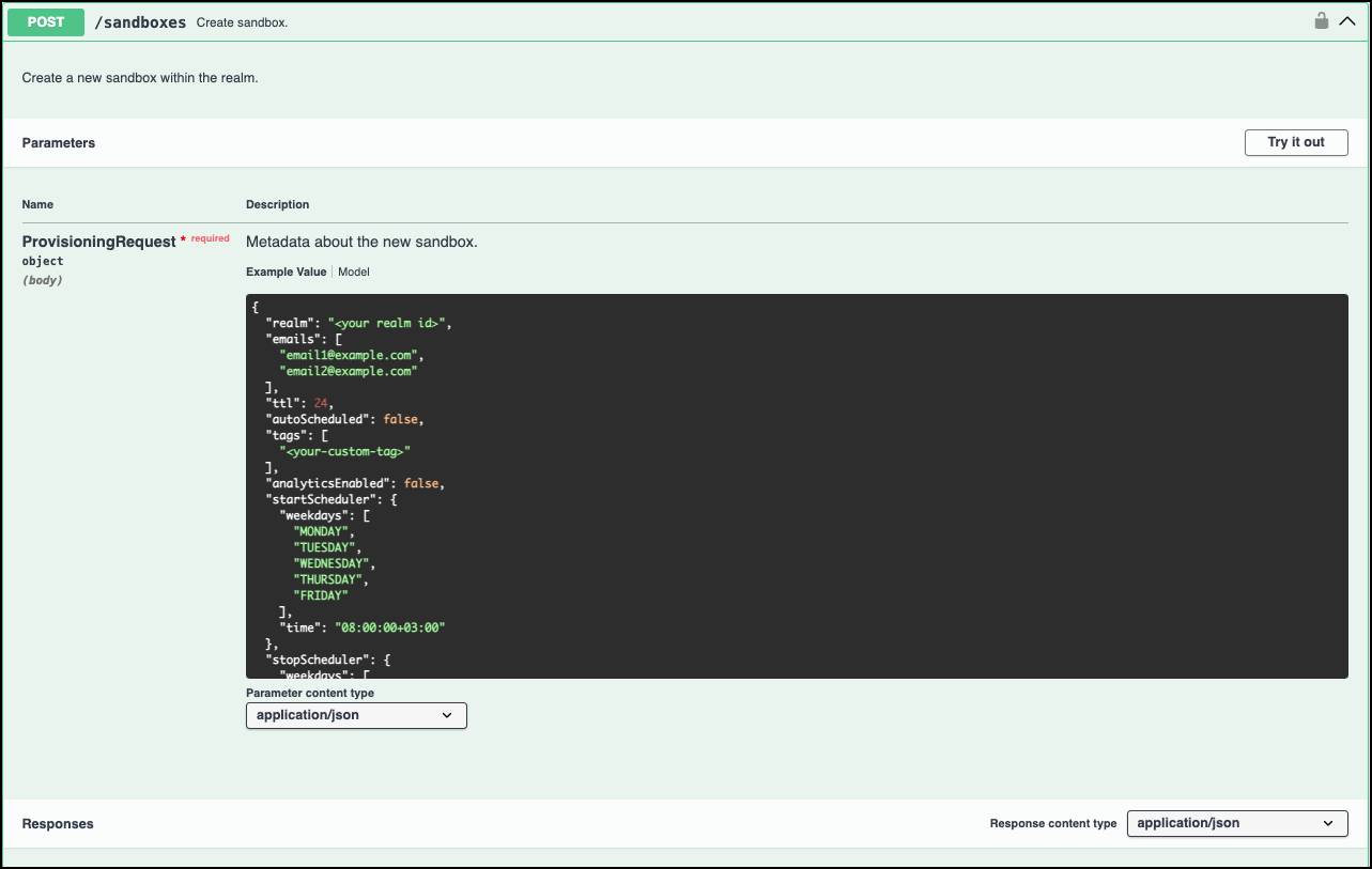 Commerce for B2C On-Demand Sandbox REST API Swagger interface for POST/sandboxes Create sandbox.
