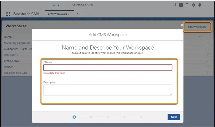 In Salesforce CMS, add a CMS workspace.