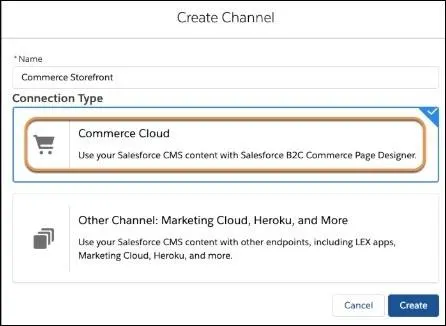 In Salesforce CMS, create a channel by adding a connection type.