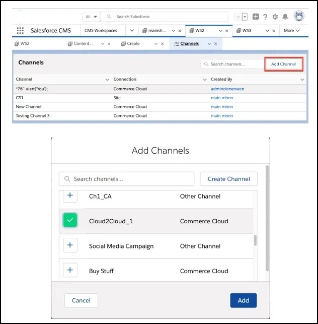 Em um espaço de trabalho do Salesforce CMS, adicione um canal.