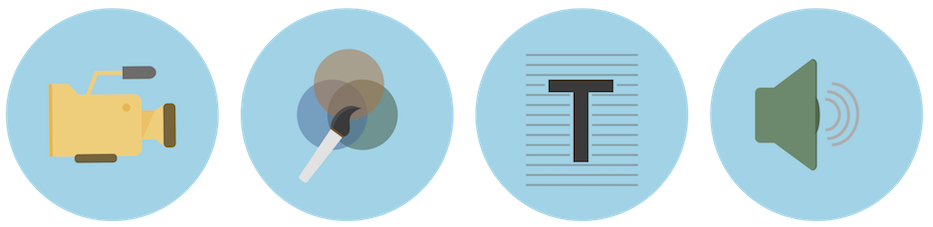 Video, graphics, text, and audio icons